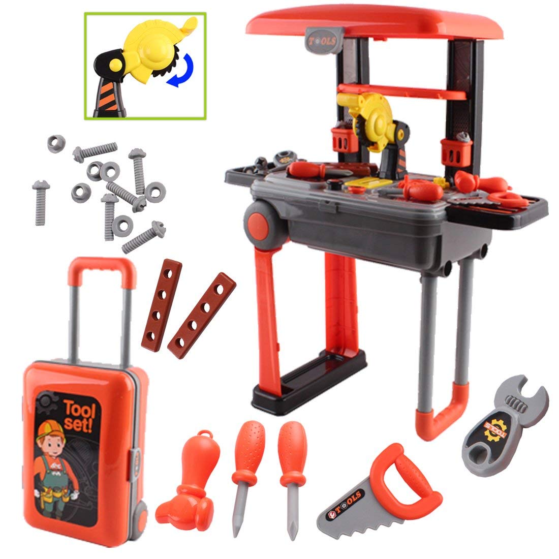 Toyshine Deluxe Tool Work Bench Convertible Suitcase Portable Role Play Toy Set With Accessories,46 Pieces