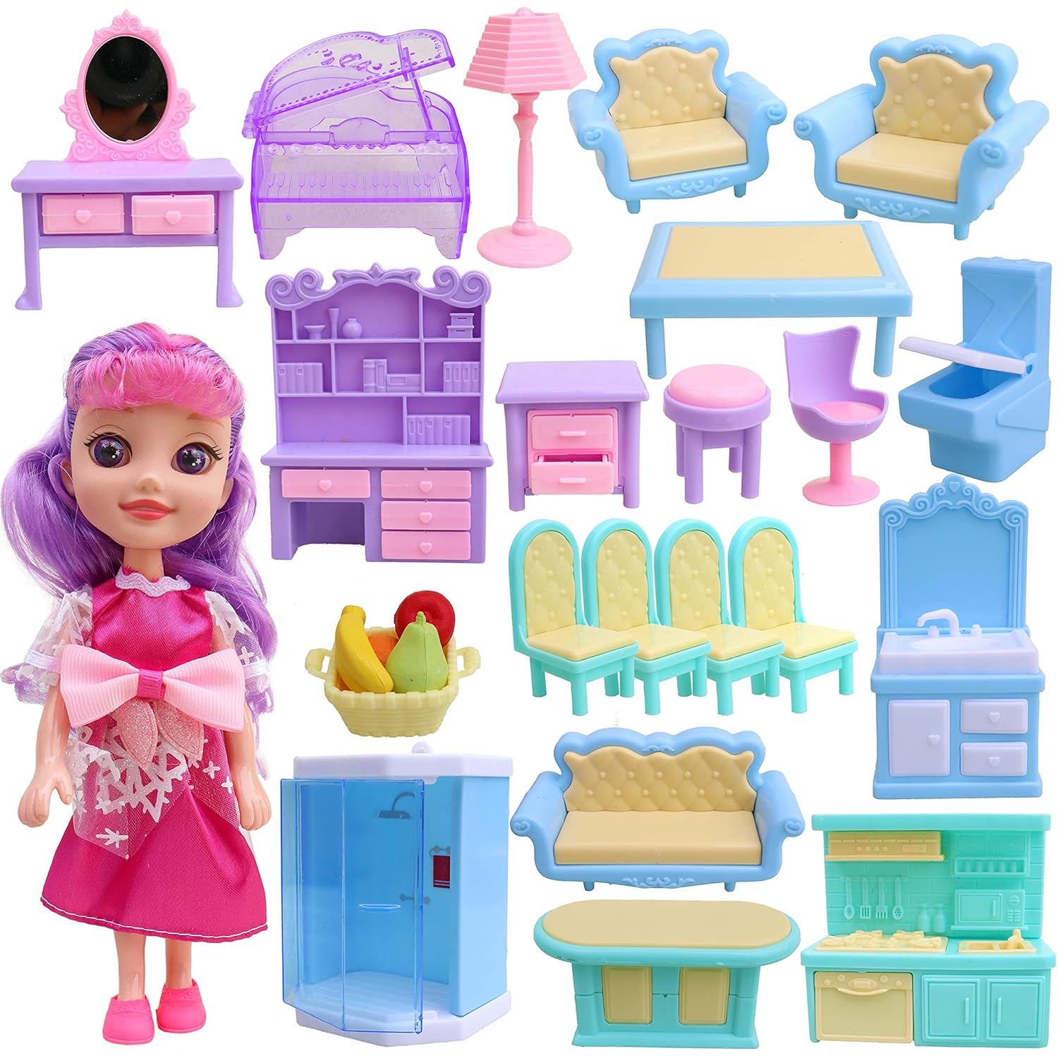 Dollhouse Furniture Set 24 pcs Furnitures with 1 Doll, Dollhouse Accessories Pretend Play