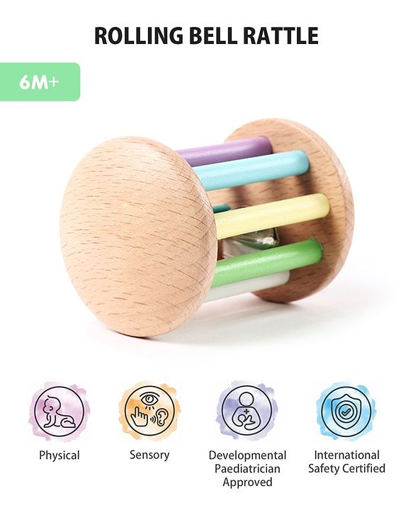 Intellibaby Wooden Rolling Bell Rattle – Multicolor