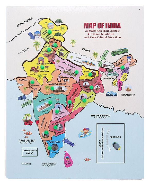 MINDMAKER India Map Wooden Knob & Peg Puzzle – 18 Pieces