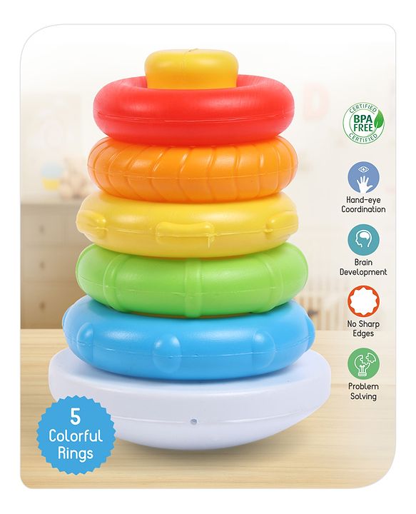 Babyhug Premium 5 Colorful Stacking Rings| Junior Plastic Stack Up Educational Toy| Bath Toy Ring| BIS Certified| Non-Toxic| 12 Months+