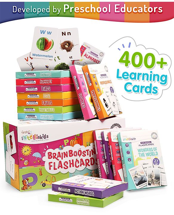 Intelliskills Firstcry Premium 15-in-1 Brain Boosting 400 Non-Tearable Flash Card Set | 1+ Years | Early Learning Montessori Education Toy for Toddlers & Kids| Laminated | Waterproof | Gift Set