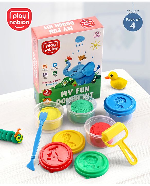 Play Nation 4 in 1 Fun Dough Clay Set for Kids- 200g| | Art & Craft Activity Gift Toys for 3 Years+ Kids| 4 Colors, Creative Designs, 4 Plastic Animals Moulds| Promote Fine Motor Skills| Educational and Imaginative Play| BIS Certified