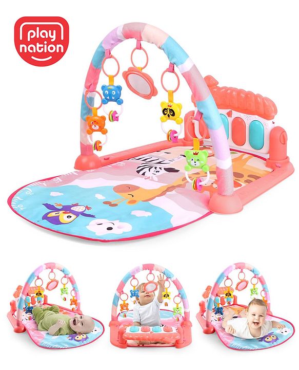 Play Nation Premium Baby Kick and Play Piano Peach Play Gym with Lights, Music and 5 Hanging Rattles| Animal Theme Play Mat Carpet with Musical Keyboard| Activity Portable Playmat Gifting Toy for 0-18 Months| BIS Certified