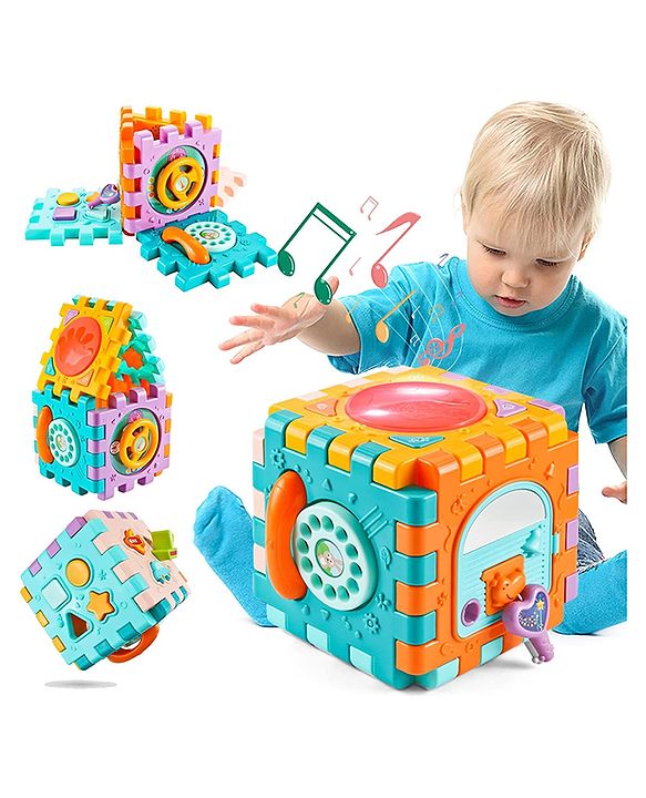 YAMAMA Baby Activity Cube Musical Toys For Kids Musical Drum Matching Shape Sorter Toy 6 in 1 Busy Learning Play Center With Music And Light – Multicolor