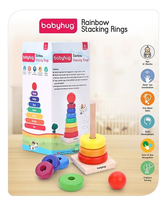 Babyhug Premium Wooden Rainbow Stacking Rings Multicolor – 7 rings| Non-Toxic| Organic & Safe| BIS Certified